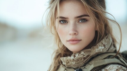 Confident female soldier portrait showcasing strength and resilience against a neutral backdrop emphasizing her captivating features and military attire