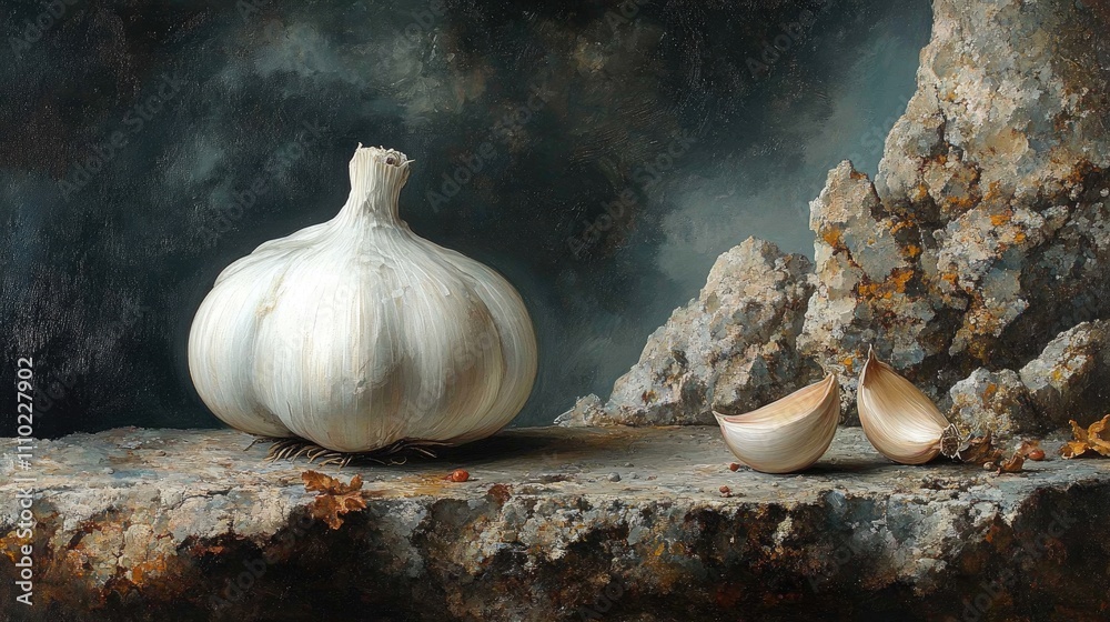Poster still life of aromatic garlic bulb with peeled cloves on textured stone surface in a moody dark sett