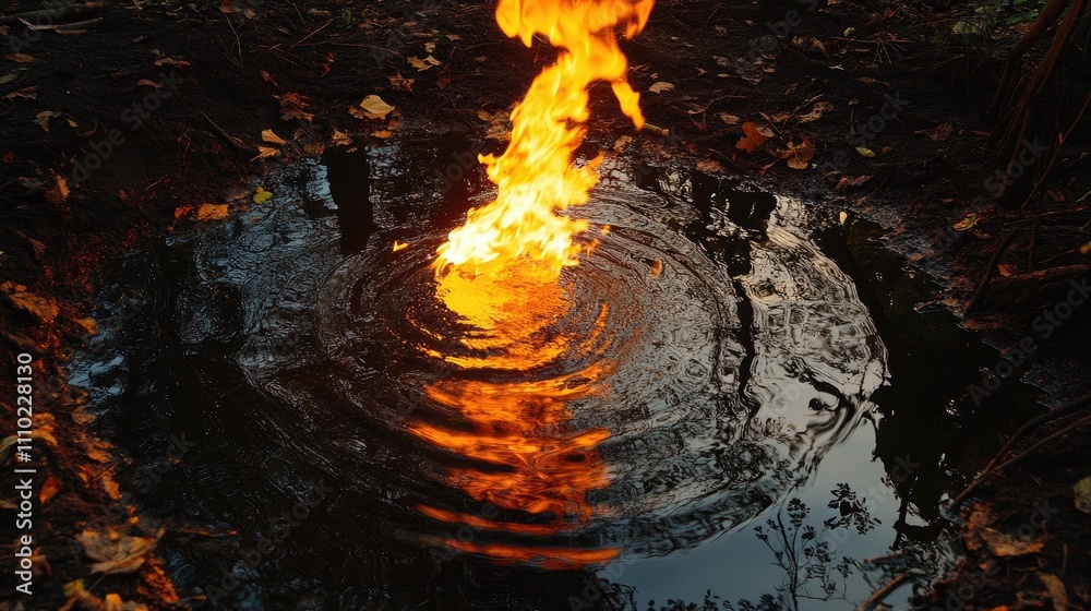 Leinwandbilder flame and water reflection creating abstract ripples in a dark natural setting