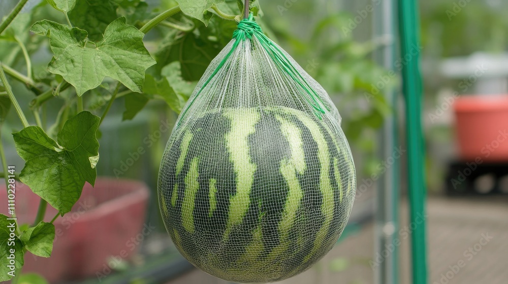 Poster close up of ripe watermelon suspended in nylon netting within a greenhouse environment showcasing in