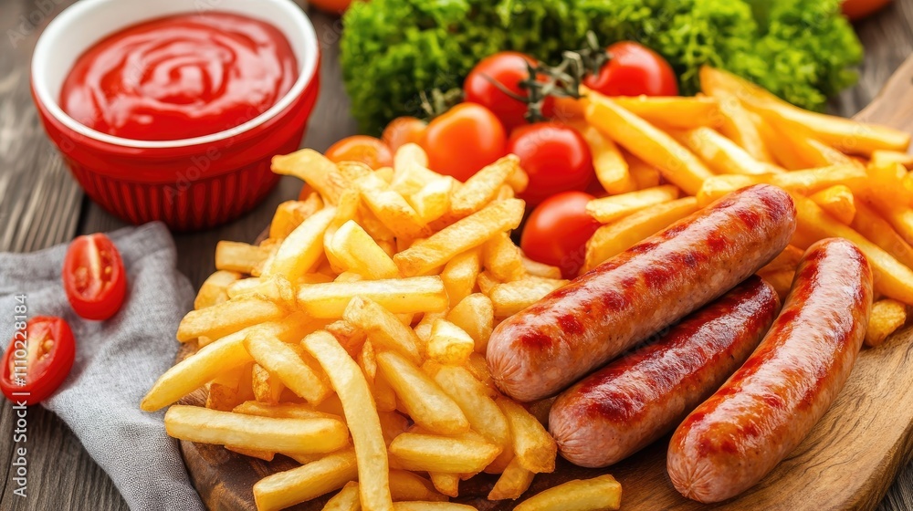 Poster grilled sausages with crispy french fries and fresh vegetables served on a wooden board with ketchup