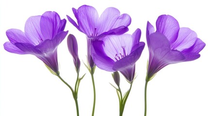 Vibrant purple freesia flowers gracefully arranged on a clean white background showcasing their delicate beauty and elegance.