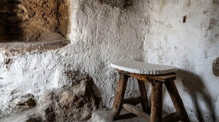 Styrofoam insulation board placed on a rustic wooden bench inside a weathered old house interior with textured wall surfaces