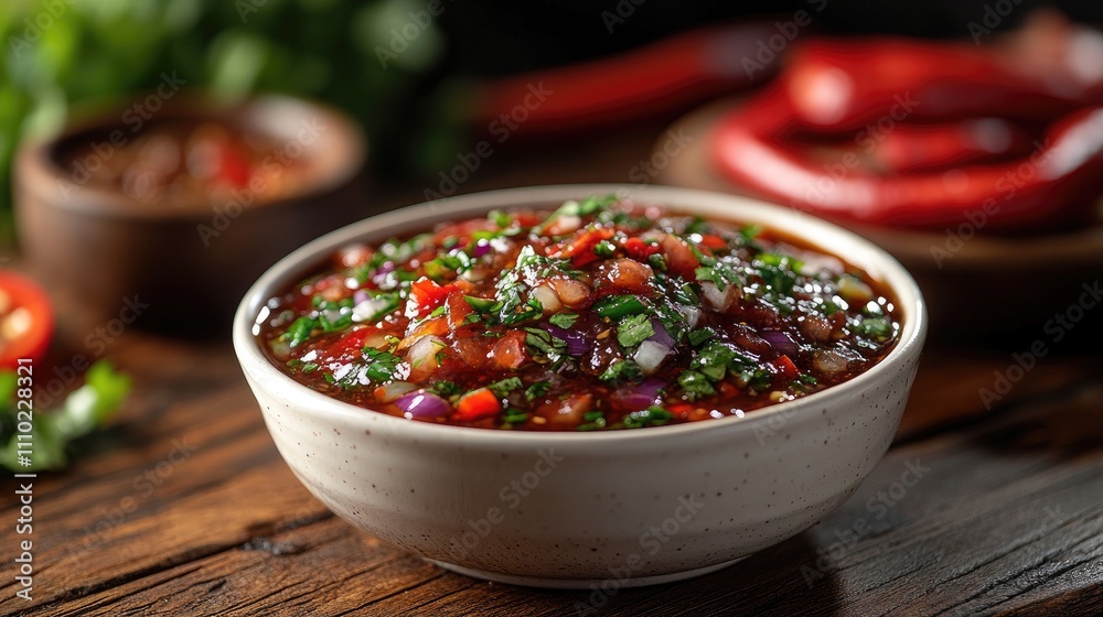 Aufkleber fresh salsa with colorful vegetables and herbs served in a rustic white bowl against a warm wooden b