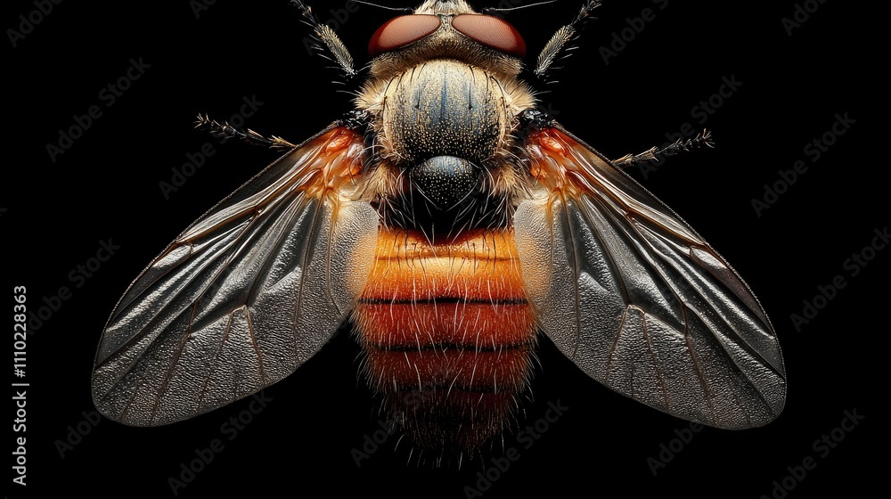Poster Macro shot of housefly from behind showcasing intricate details and textures against a dark background