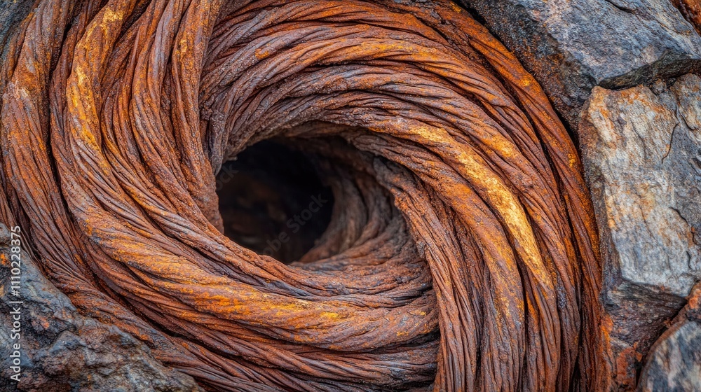 Poster rusty spiral coil of wire showcasing intricate texture and rich earthy tones in a close-up view of a
