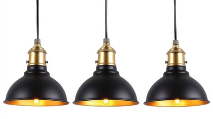Three Light Cluster Industrial Pendant Ceiling Lamp with Black Shades and Golden Interiors Hanging from Ceiling
