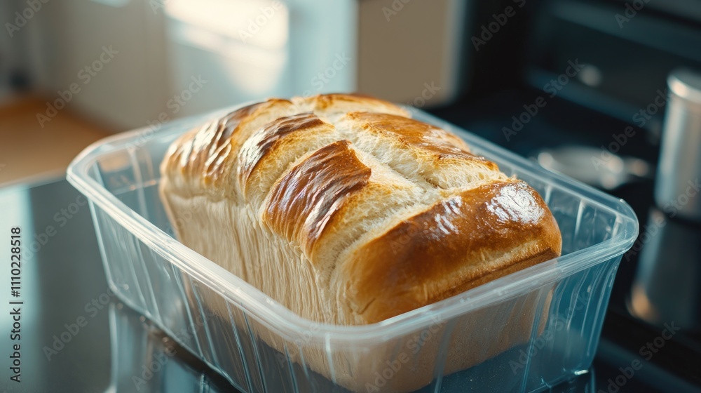 Aufkleber freshly baked bread resting in a transparent plastic tray on a kitchen countertop showcasing its gol