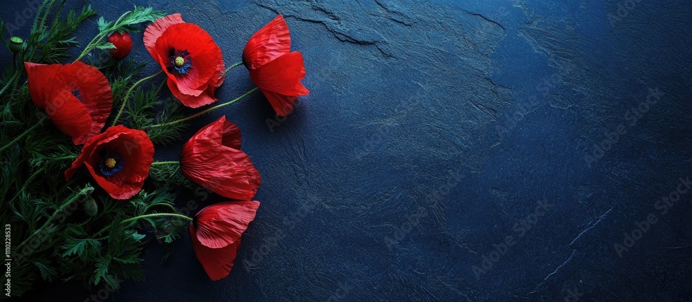 Poster Postcard layout featuring vibrant red poppies on a textured dark background with ample space for personalized text or messages