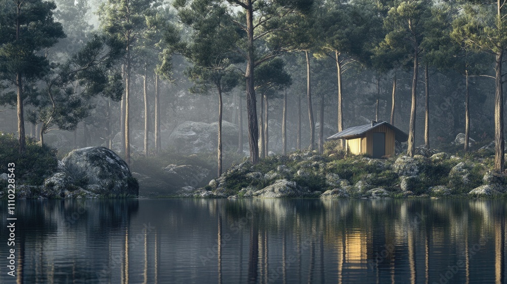 Poster tranquil forest scene with a rustic wooden house reflecting in a serene lake surrounded by tall tree