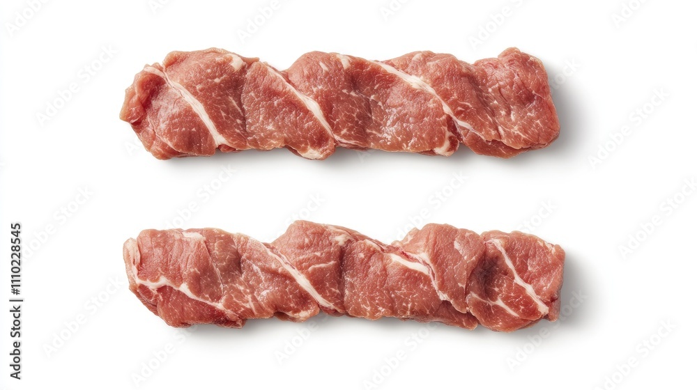 Aufkleber sliced raw pork meat arranged on a white background showcasing a flat layout in a bird's eye view pe