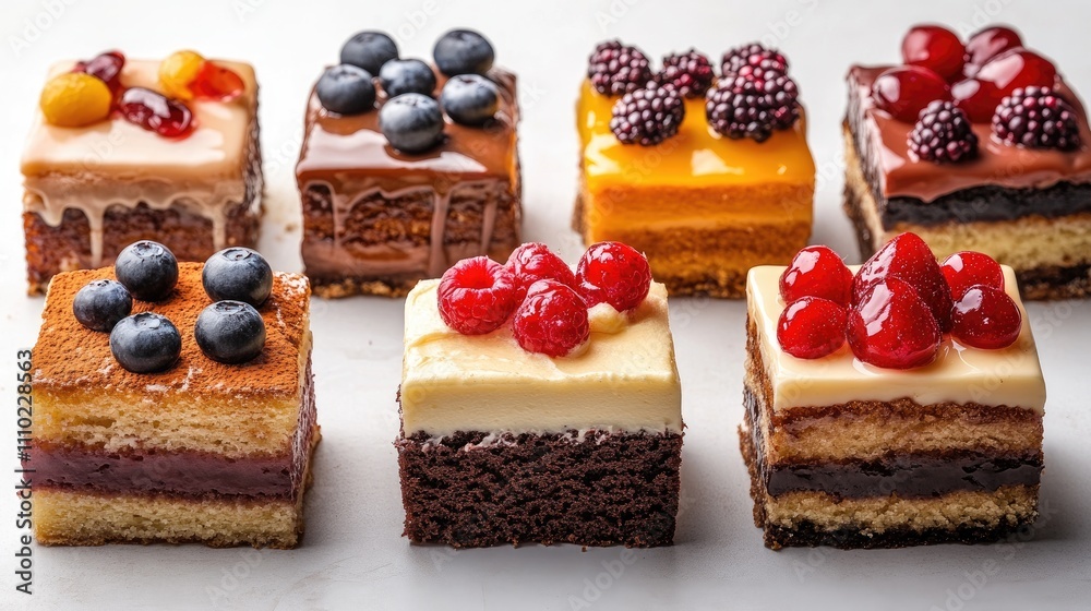 Poster assorted delicious cakes and pastries with fresh fruit toppings on a white background showcasing vib