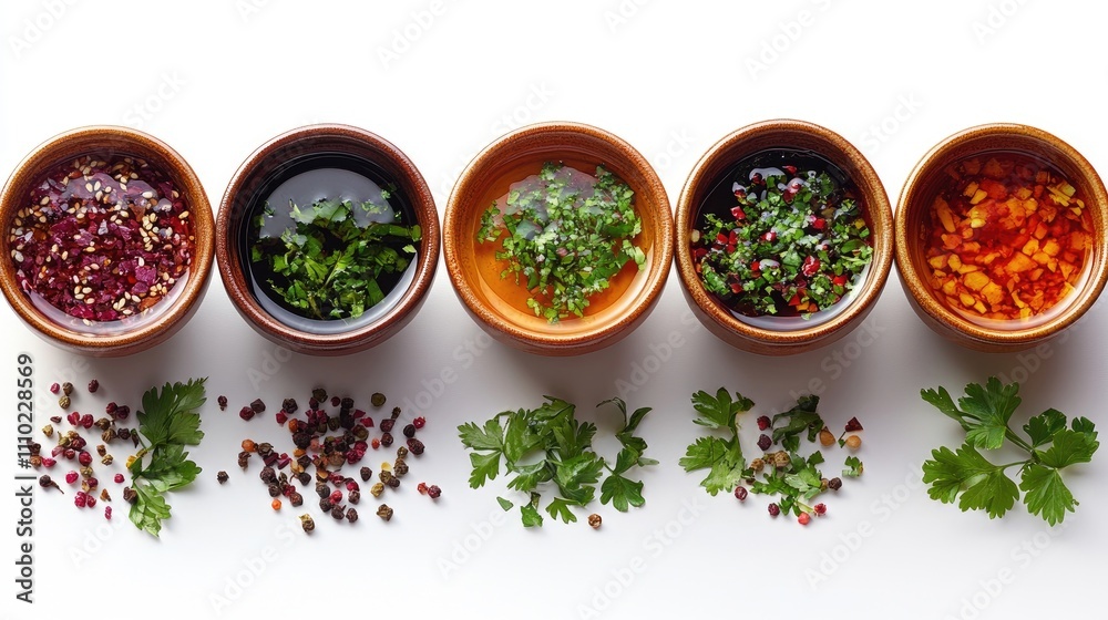 Poster set of assorted sauces in clay bowls arranged on a white background with fresh herbs and spices for 