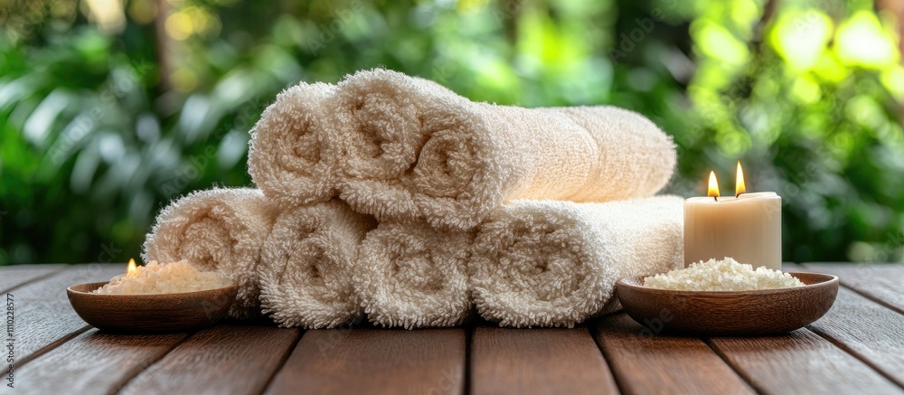 Poster spa setup with rolled towels, soothing candles, and natural oils creating a relaxing atmosphere for 