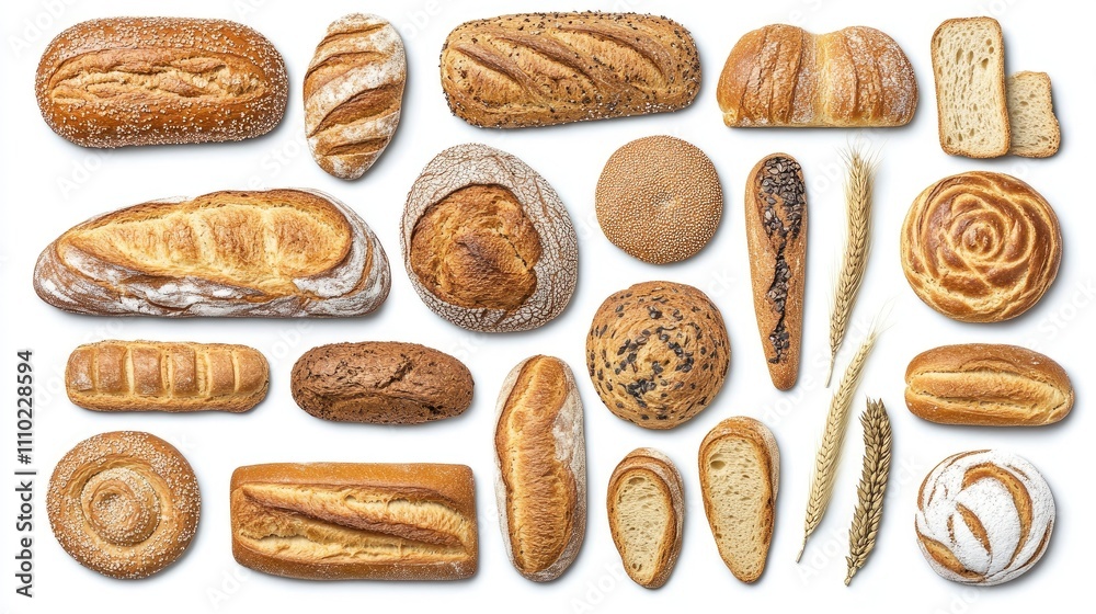 Aufkleber Assorted Breads and Baked Goods Display Featuring Various Types of Loaves and Rolls on a Rustic Background
