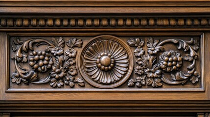 ornate wooden door detail featuring intricate carvings of flowers and a sunburst design in rich brown hues