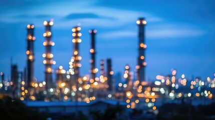 Twilight Bokeh View of Industrial Refinery with Illuminated Smoke Stacks and Urban Skyline in Blur