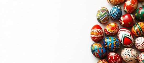 Fototapeta premium Colorful ornate Easter eggs arranged on a white background showcasing intricate designs and patterns celebrating the Easter holiday.