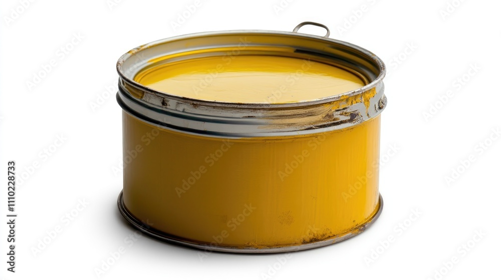Aufkleber yellow paint can with shiny silver lid isolated on white background featuring clipping path for desi