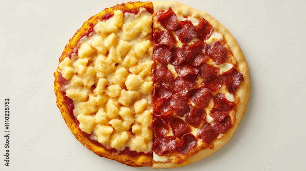 Poster half pizza with cheese and pepperoni toppings viewed from above with ample copy space for creative f