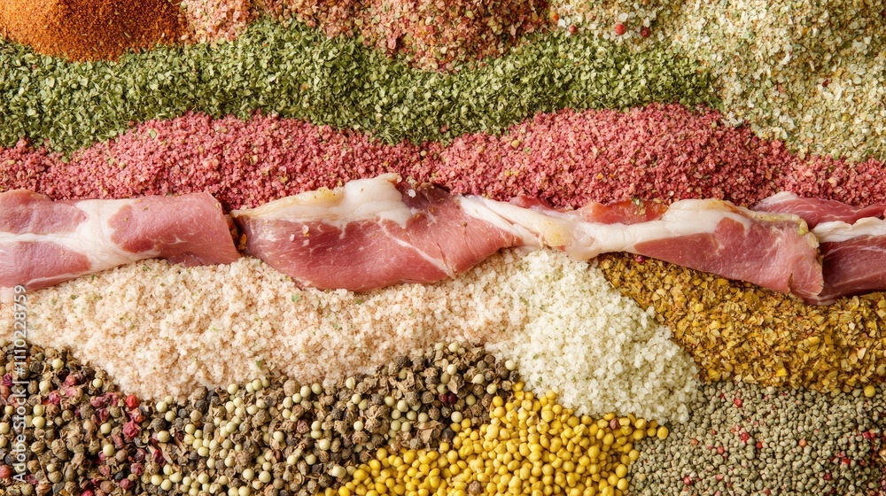Poster Closeup of assorted spices and beef ham layered as a textured backdrop for culinary themes and food presentation concepts.