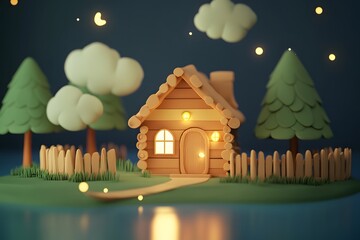 Obraz premium Little decorative cute small houses in snow at night in winter, Christmas and New Year miniature house in the snow at night with fir tree. Holiday concept. Selective focus 