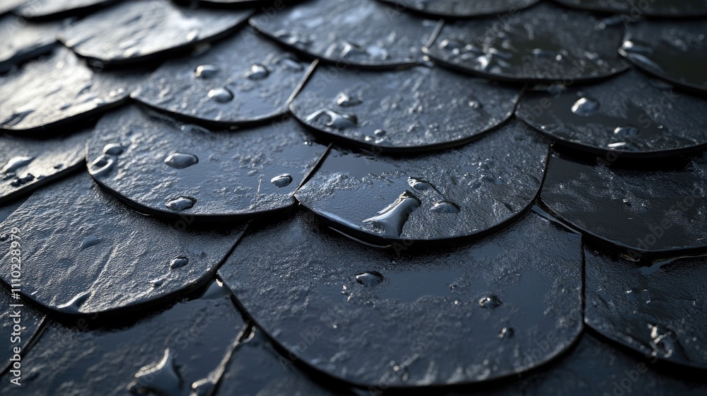 Poster closeup view of textured roofing shingles with water droplets showcasing architectural design and cr