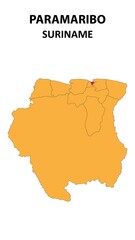 Paramaribo Map is highlighted on the Suriname map with detailed state and region outlines.