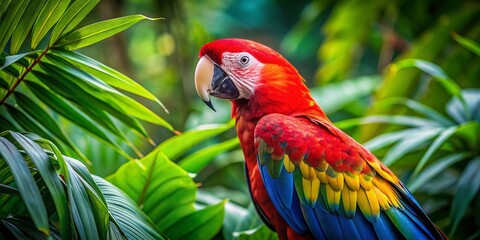 Obraz premium Captivating Closeup of a Vibrant Red and Blue Macaw Parrot in Lush Tropical Habitat, Showcasing Exotic Wildlife Beauty and Colorful Feathers in Stunning Detail