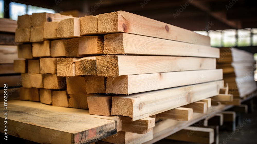 Poster Stack of neatly arranged raw wooden boards in a sawmill showcasing timber products ready for processing and construction use.