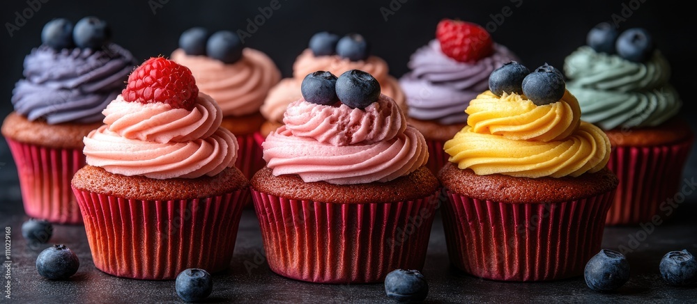 Poster vibrant assortment of colorful cupcakes topped with berries on a dark background showcasing sweetnes