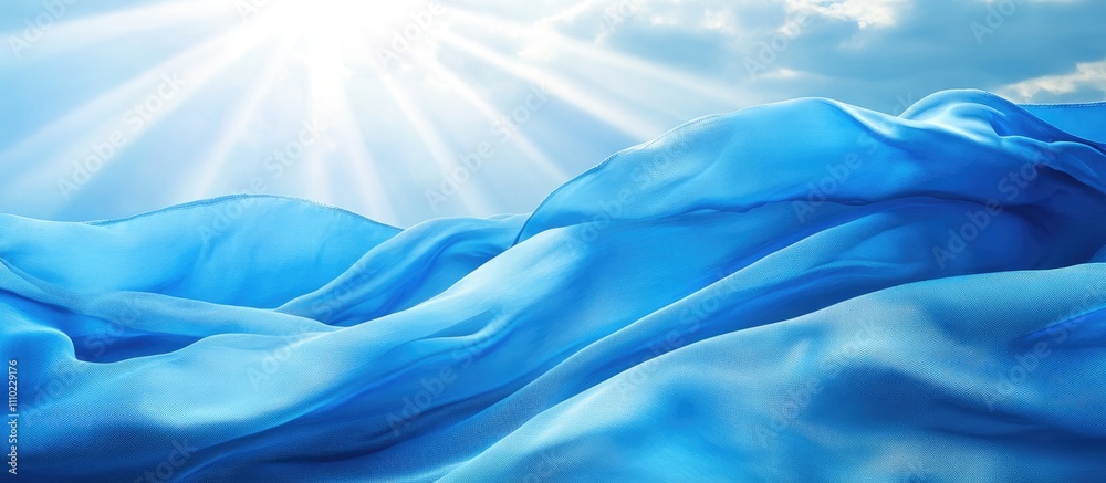 Poster waves of flowing blue fabric illuminated by sunlight creating a serene and calming atmosphere with a