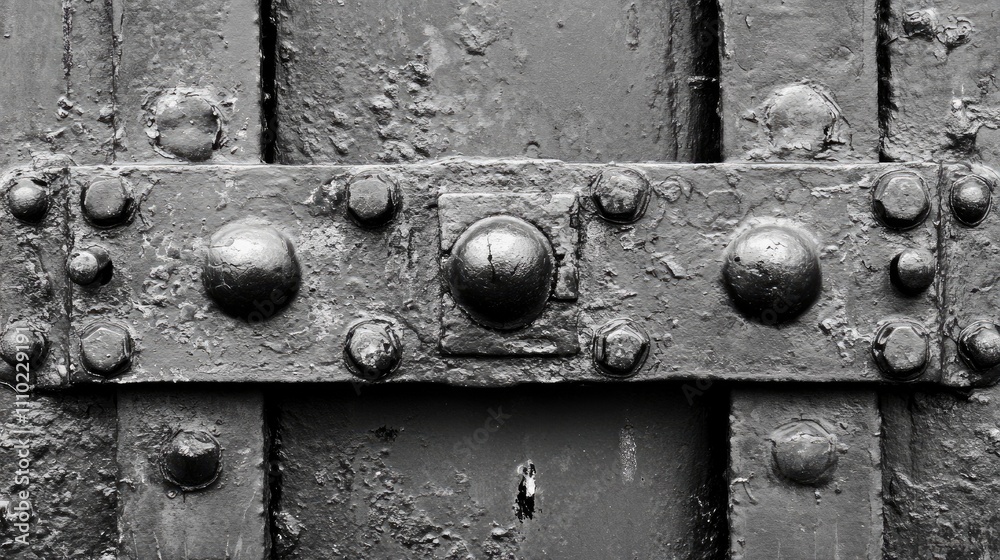 Poster rusty metal surface with rivets and weathered texture for industrial and vintage design backgrounds.