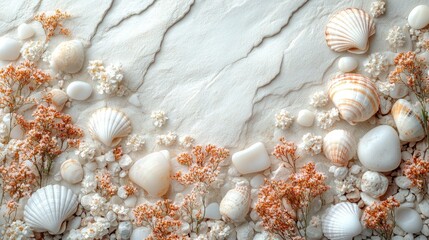 Obraz premium Artistic flat lay of seashells dried flowers and stones arranged on a textured backdrop for creative lifestyle design and decor themes