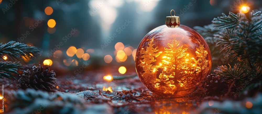 Poster glowing ornamental christmas ball surrounded by pine cones and snow creating a magical holiday atmos