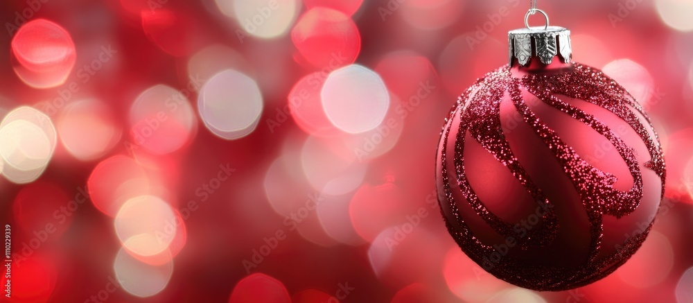 Poster festive red christmas lights with a blurred background highlighting a shiny red ornament creating a 