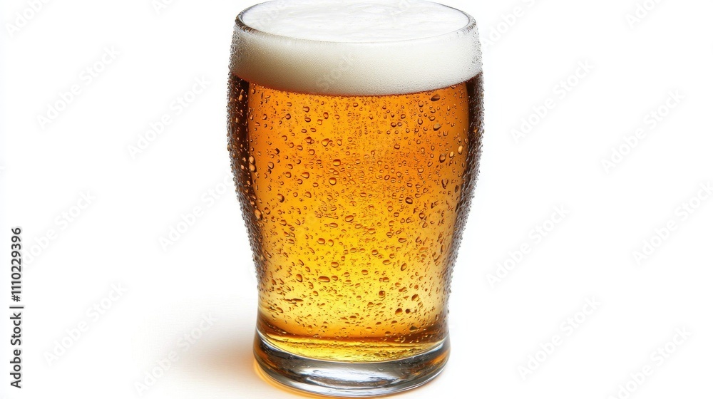 Poster cold light beer in a frosty glass with foam bubbles set against a clean white background for refresh