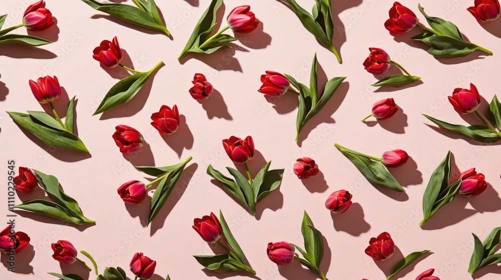 Aufkleber spring floral arrangement of red tulips on light pink background creating a vibrant natural texture 