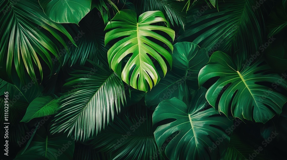 Poster close up of lush green tropical leaf textures creating a rich abstract nature background for design 