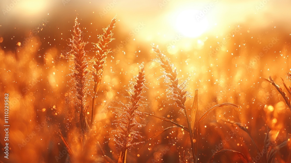 Poster golden corn fields at sunset creating a warm and tranquil agricultural landscape with soft bokeh and