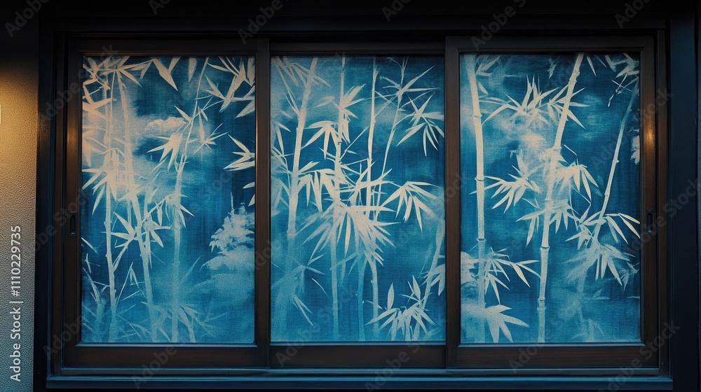 Poster window featuring a serene bamboo motif with soft blue background creating a tranquil atmosphere suit