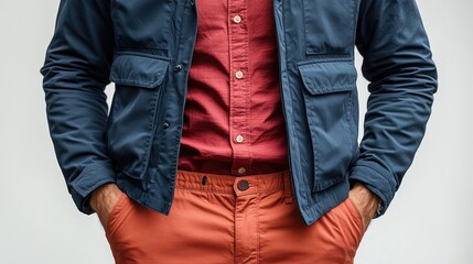 Stylish casual men's outfit featuring a dark blue jacket and red button-down shirt paired with sporty orange shorts against a white background
