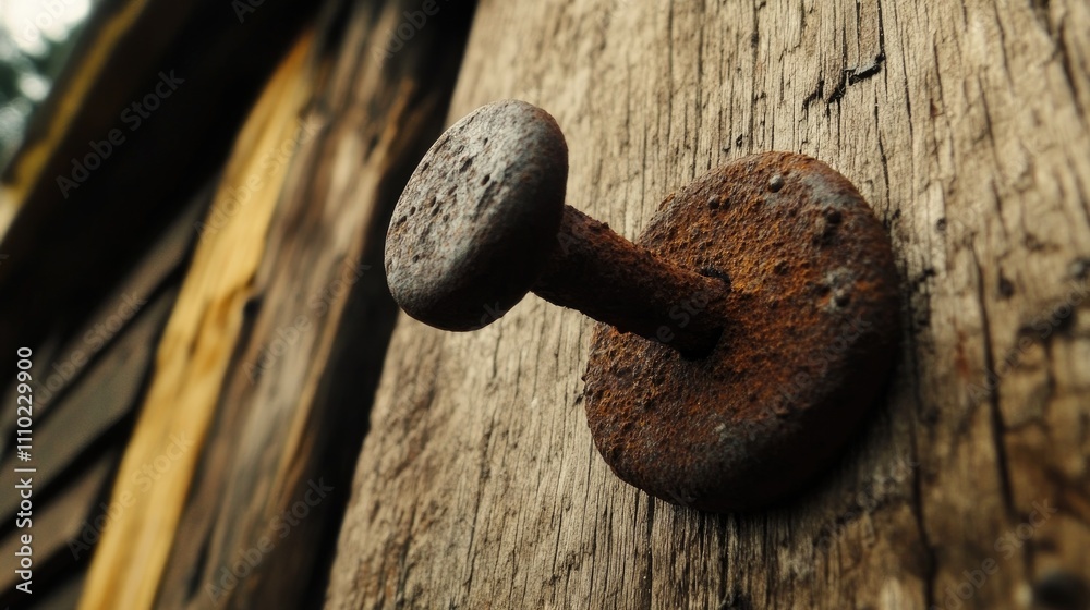 Poster Rusty nail embedded in weathered wood showcasing texture and age in a rustic building environment.