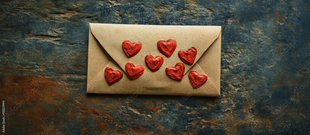 Poster romantic envelope decorated with red heart seals on rustic backdrop perfect for love letters or invi