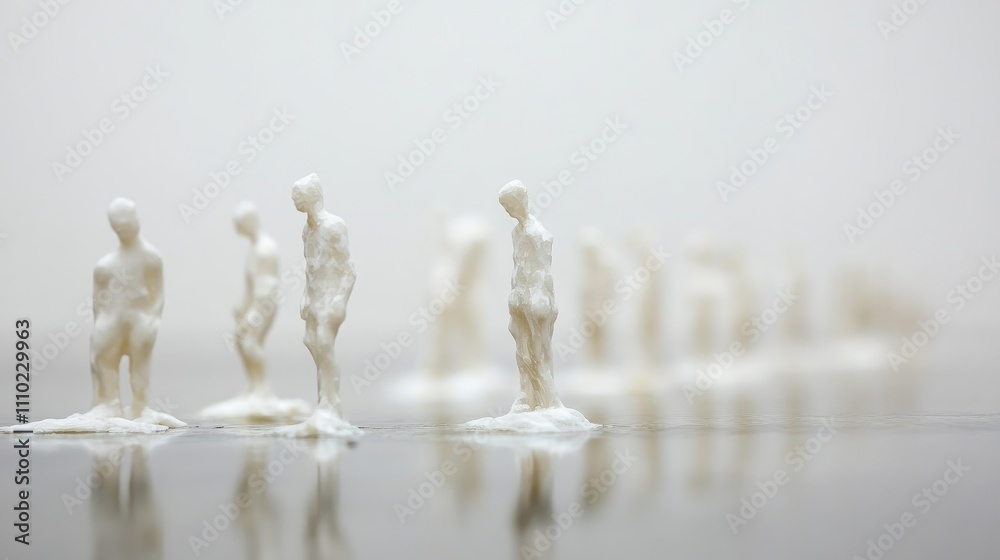 Poster Defocused row of abstract white figures representing students in an artistic display creating a serene and minimalist ambiance
