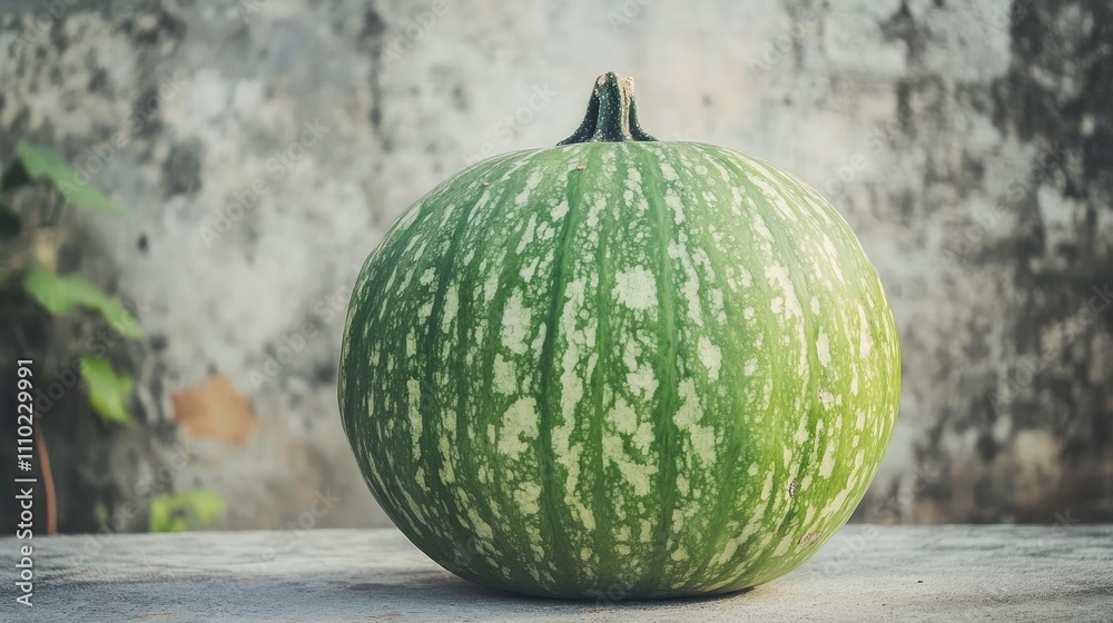 Poster Fresh green pumpkin on a rustic table with textured background showcasing natural colors and patterns of the vegetable.