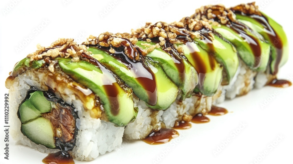 Poster fresh sushi roll with salmon cucumber and eel topped with sesame seeds and sauce on a clean white ba