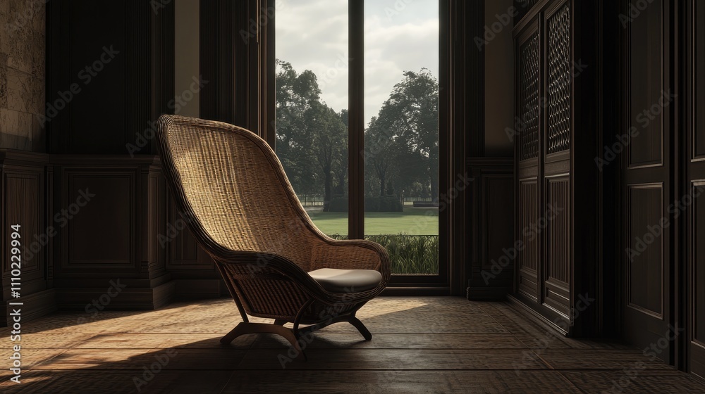 Poster cozy living room featuring a wicker reading chair by a large window with a serene park view and warm