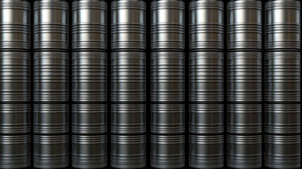 Industrial steel barrels stacked in a row showcasing energy storage and chemical containment in the energy sector with an industrial backdrop.