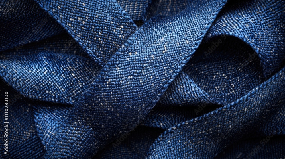 Poster blue woven textile strap roll close-up showing intricate texture and deep color ideal for fashion or